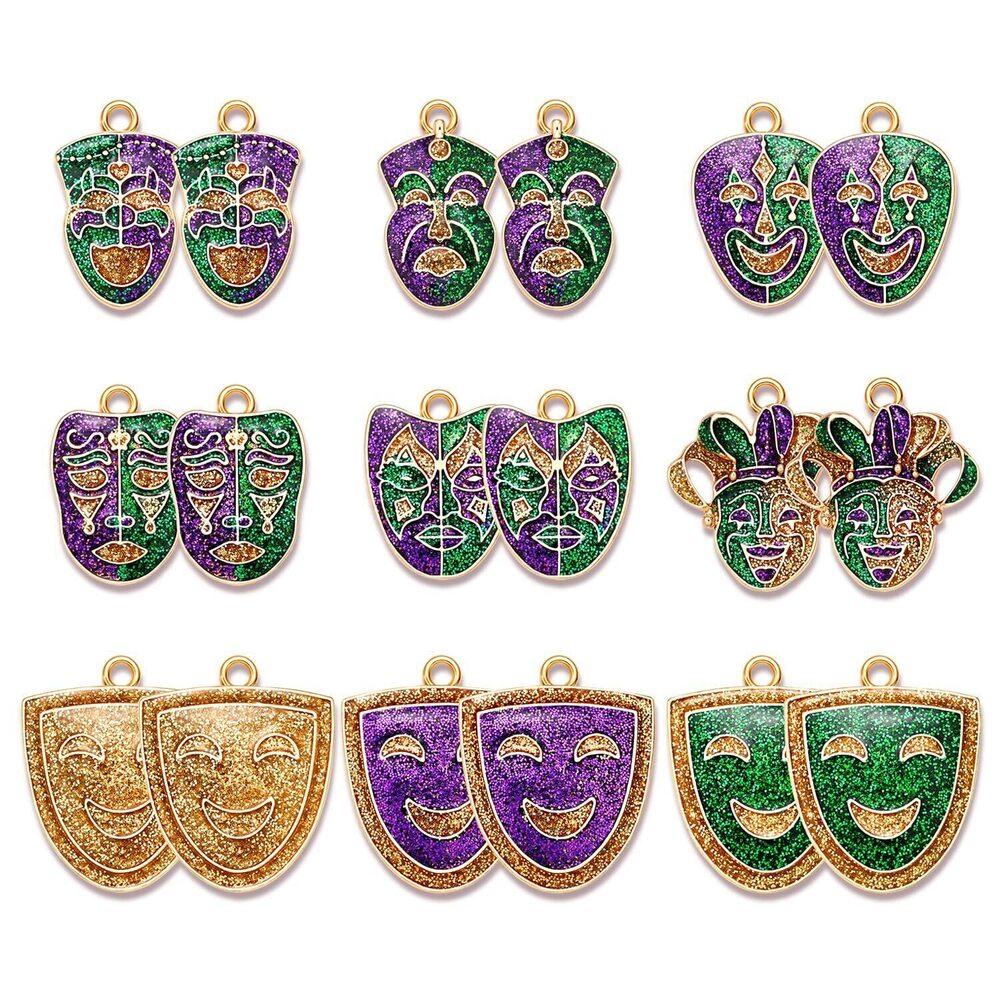 2473 Mardi Gras Charms, 18PCS Crown Jester Mask, Fleur-de-lis Pendant